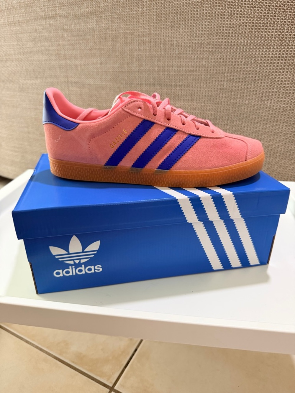 adidas Kids Pink Suede Sneakers with Blue Stripes and Gum Sole